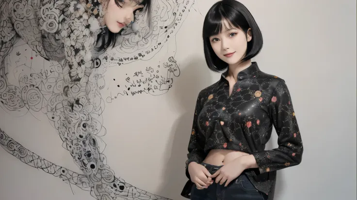 155
(black shorthair:1.46),  (a 20 yo woman), (a hyper-realistic), (masterpiece), (8kuhd), (gentle smile), slender waist, wearin...