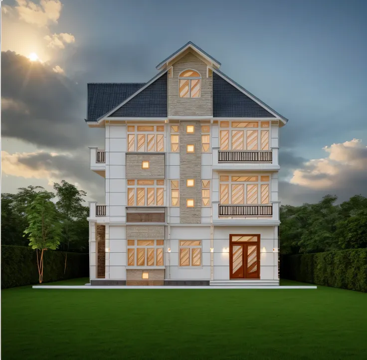 exterior of house, (style vietnam:1.2), mable decorations, front yard, (stone and grass path :1.1), (tree:1.1), sky, cloud, morn...