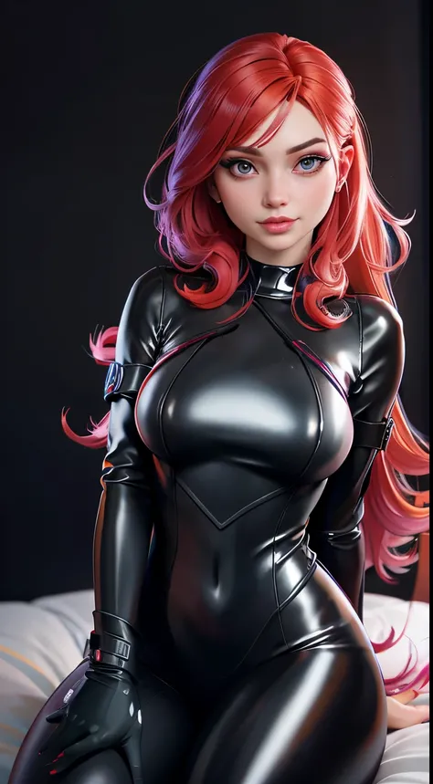 Ultra Macro Photography, fantasy girl, ((Black Widow)), huge breasts, kissing lips, latex outfit, shiny/glossy latex, bodysuit outfit, hyper holographic black latex, long hair, long bangs, defined thick thighs, NSFW, hentai, perfect makeup, realistic face,...