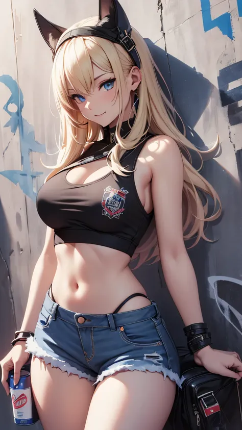 最high quality、best image quality、masterpiece、teenage girl((18-year-old、 By becoming、vest bust、medium bust,wide open breast tea、black eye, blonde hair、Habitual hair、long hair、thin,highest valley、navel black tank top、blue shorts、Holding a spray can、smug face...