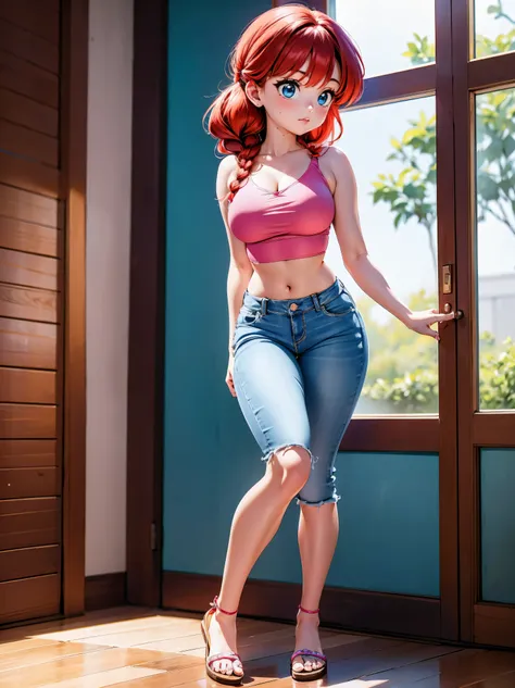 Garota anime ruiva com short jeans azul blusa rosa pink, 16 anos, corpo bonito, seios grandes, with your hands behind your head, running your hands through your hair, garota sexy, red hair with braid, gorgeous lighting, sombras suaves, olhos azuis, pernas ...