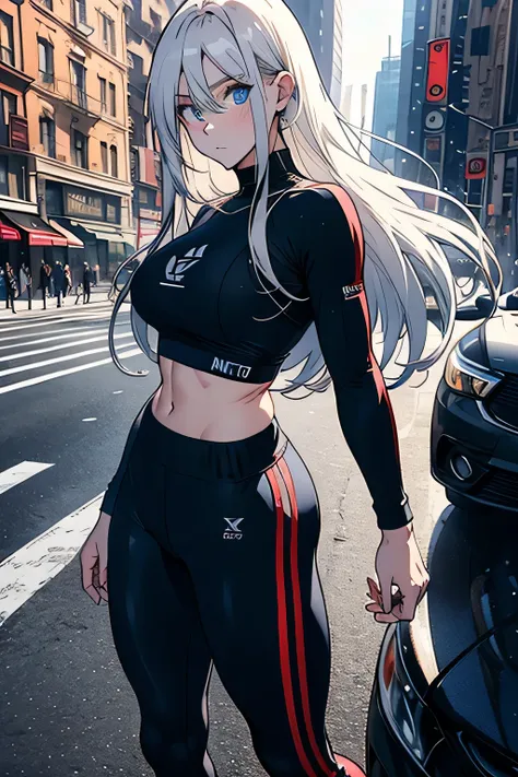 （masterpiece），expressive eyes，perfect face，New York city center street, USA，Athlete&#39;s body，good body shape，hip width，Natural white long hair，blue eyes，round face with sharp edges，Wearing black sportswear suit，black sports pants，white sneakers