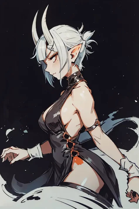 1 demon girl,short white hair, black eye, luxury but simple dress, black horns, side view, portrait, looking at viewer, close to face