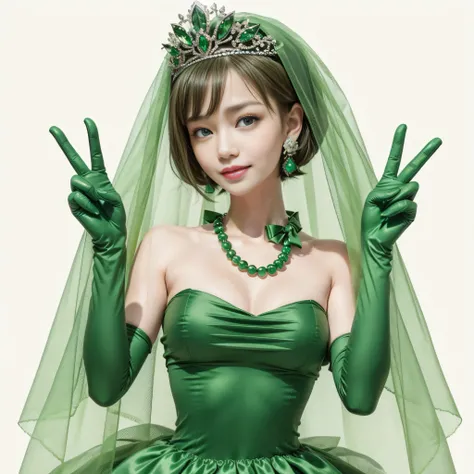 emerald tiara, green pearl necklace, boyish very short green hair, lipstick, smiling Japanese woman, very short hair, big breasts beautiful, green eyes, Long Green Satin Gloves, green eyes, V sign, emerald earrings, green veil, green lip gloss
