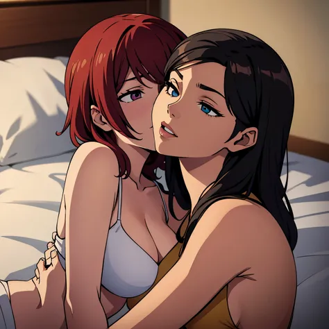 Two women aggressively making out on bed