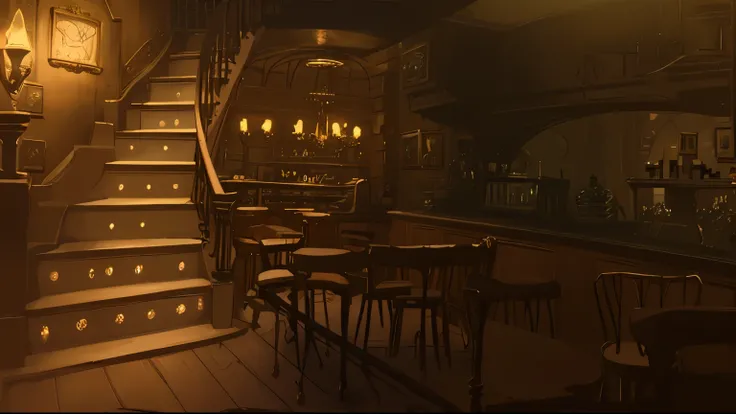 masterpiece, best quality，have a room，，There was a table and chairs, cozy bistro, bioshock infinite style, 详细的lamp光和纹理, detailed textures and lighting, BioShock Infinite art style, cozy cafe background, {{{steampunk background}}}, Very detailed 8K wallpape...