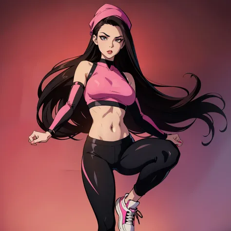 Sexy woman with long, sleek brown hair and dyed strands, wearing a stylish black cap. She has stunning makeup with black eyeliner and glossy lips, complementing her perfect face. She is dressed in a pink crop top, black skinny pants, and sneakers, showcasi...