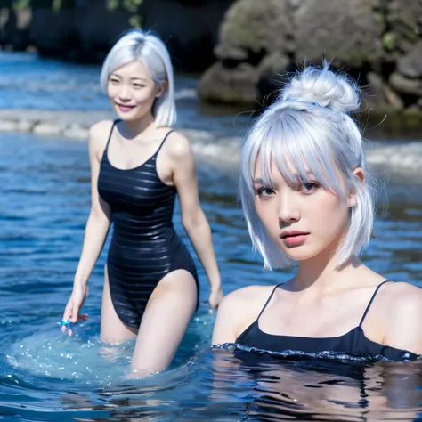 river water play silver hair girl 