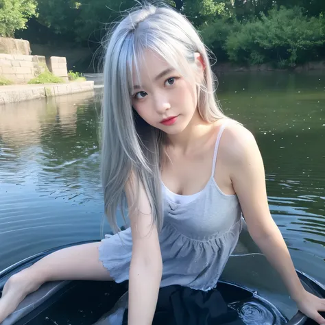 river water play silver hair girl 