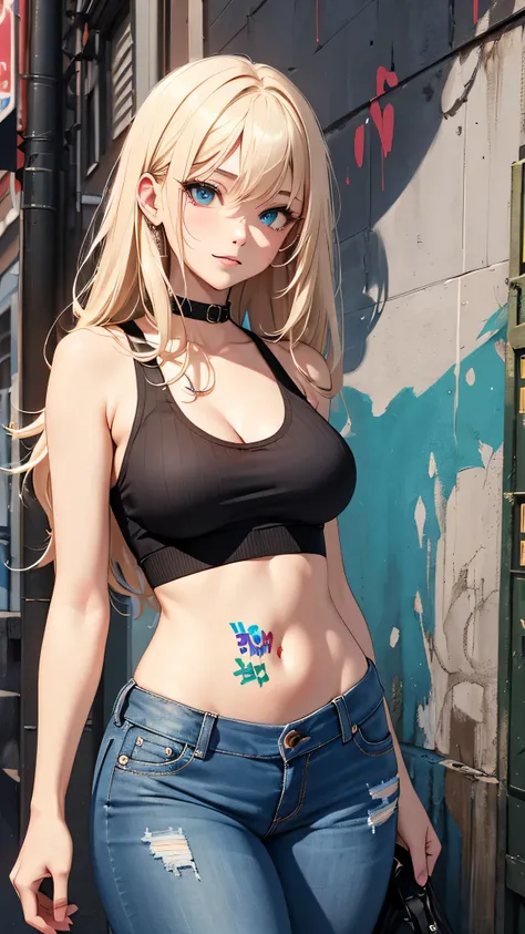 最high quality、best image quality、masterpiece、teenage girl((18-year-old、 By becoming、vest bust、medium bust,wide open breast tea、black eye, blonde hair、Habitual hair、long hair、thin,highest valley、navel black tank top、blue shorts、Holding a spray can、smug face...