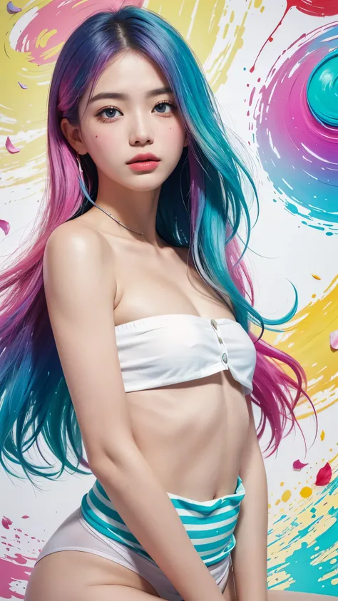 （Pink fashion T-shirt：1.9），（Colorful hair：1.8），（Rainbow all colors：1.8），（（（（Vertical painting：1.6)）），（painting of a：1.6），frontage，comic strip,illustration,painting of a,largeeyes,crystal-clear,（rainbow color gradient high ponytail：1.7）,Delicatemakeup,Keep ...