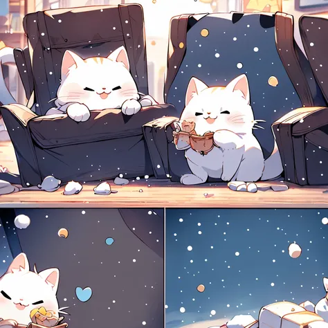 ,(masterpiece:1.2, high quality),
no man, Couple cats, :3, animal, view viewer, open your mouth, snow background, smile，Pure，ridiculously cute,It&#39;s snowing