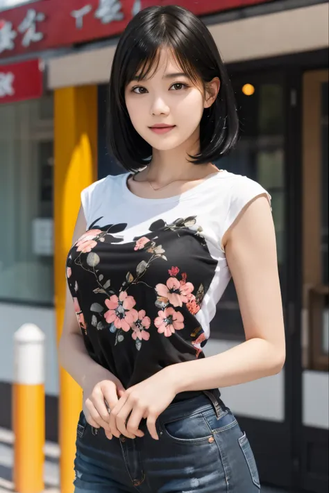 155
(black shorthair:1.46),  (a 20 yo woman), (a hyper-realistic), (masterpiece), (8kuhd), (gentle smile), slender waist, wearin...