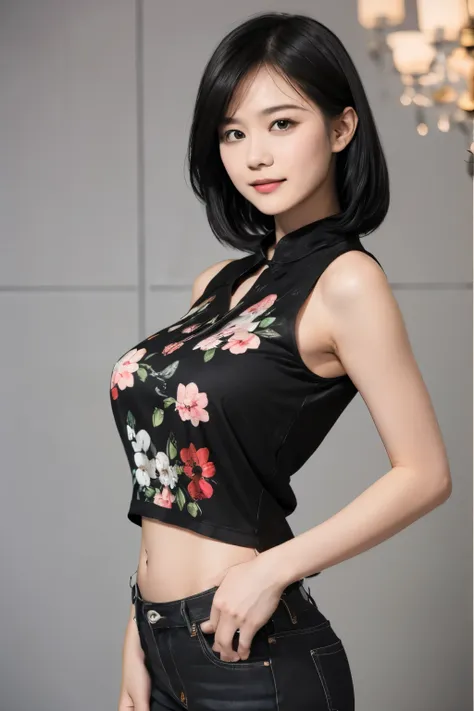 155
(black shorthair:1.46),  (a 20 yo woman), (a hyper-realistic), (masterpiece), (8kuhd), (gentle smile), slender waist, wearin...