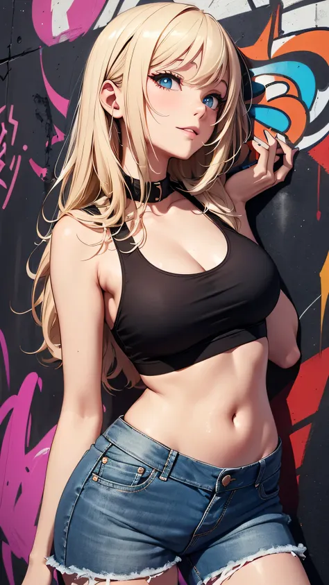 最high quality、best image quality、masterpiece、teenage girl((18-year-old、 By becoming、vest bust、medium bust,wide open breast tea、black eye, blonde hair、Habitual hair、long hair、thin,highest valley、navel black tank top、blue shorts、Holding a spray can、smug face...