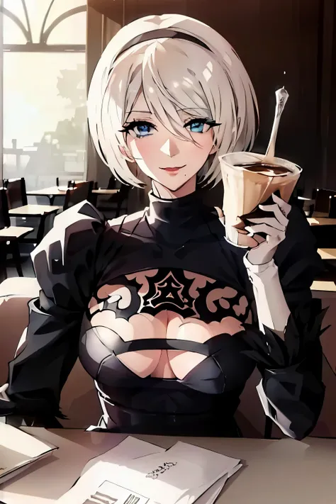 2B. White hair. Blue eyes. smilling. Beautyful. Wearing a black dress.  She is drinking a coffee. She is in a restaurant.