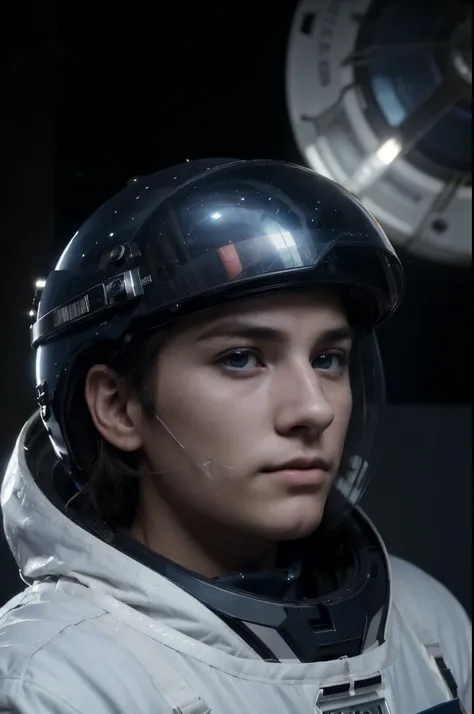 a picture、(Photorealsitic:1.4)、(hyper realisitic:1.4)、(Cinematic:1.5)、man in his 20s、caucasian male、（beautiful and delicate face）、（High-quality eyes）、fashion photograhy、space suits、helmets、A space station、Dark blue tones、planet earth、Looking into the dista...