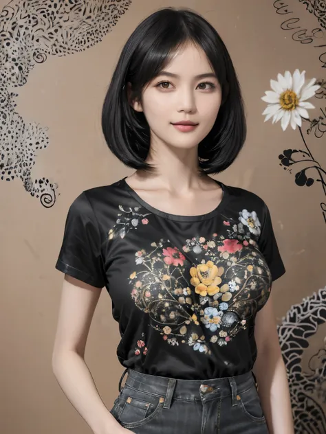 155
(Black Shorthair:1.46),  (a 20 yo woman), (A hyper-realistic), (Masterpiece), (8KUHD), (gentle smile), Slender waist, Wearing jeans, ((Floral Clothing - T-Shirts)), Wearing long pants, abstract painting, (doodle:1.46), (large breasts with good shape), ...