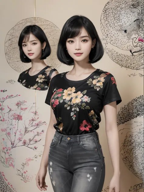 155
(black shorthair:1.46),  (a 20 yo woman), (a hyper-realistic), (masterpiece), (8kuhd), (gentle smile), slender waist, wearin...