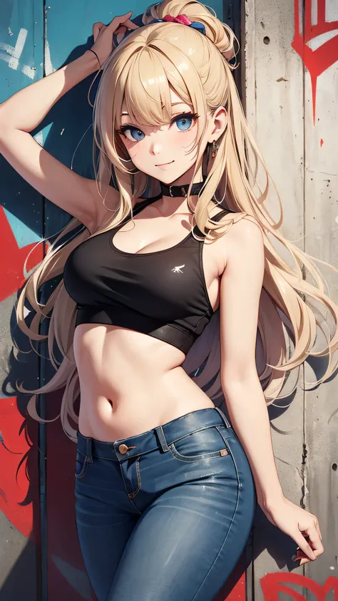 最high quality、best image quality、masterpiece、teenage girl((18-year-old、 By becoming、vest bust、medium bust,wide open breast tea、black eye, blonde hair、Habitual hair、long hair、thin,highest valley、navel black tank top、blue shorts、Holding a spray can、smug face...