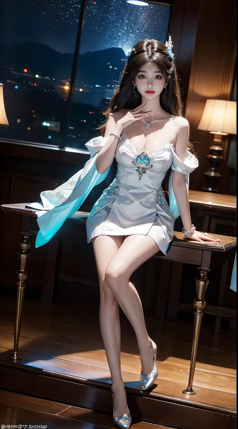  ((full body)), ((Shot from a random perspective)), ((sitting position)), ((in the classroom, Sit at the lectern)), (yushuxin,1girl,solo), clear face, pretty face, 8k, masterpiece, original photo, best quality, detail:1.2,lifelike, detail, Very detailed, C...