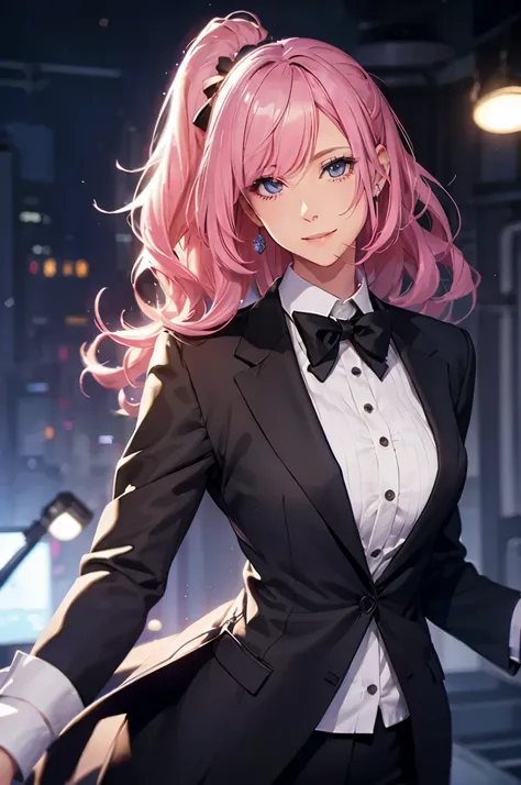 (confused, High resolution, Super detailed, realistic, ), 1 A woman wearing a tuxedo, long face shape, The expression is a cheerful smile, blonde, long hair, whole body, conductor, concert, Spotlight, do not emphasize the chest, delicate body shape