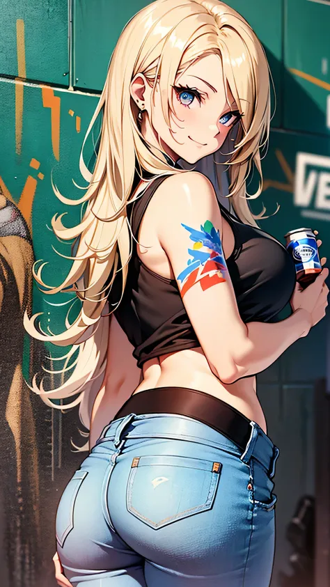 最high quality、best image quality、masterpiece、teenage girl((18-year-old、 By becoming、vest bust、medium bust,wide open breast tea、black eye, blonde hair、Habitual hair、long hair、thin,highest valley、navel black tank top、blue shorts、Holding a spray can、smug face...