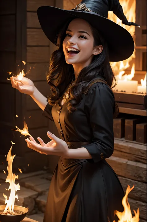 masterpiece, best quality, hyper realistic:1.4, extremely detailed, a beautiful 30s witch, releasing fire magic from one hand:1.8, perfect hands, perfect fingers:1.2, laughing
