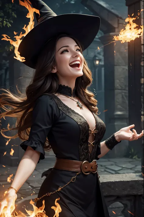 masterpiece, best quality, hyper realistic:1.4, extremely detailed, a beautiful 30s witch, releasing fire magic from one hand:1.8, perfect hands, perfect fingers:1.2, laughing