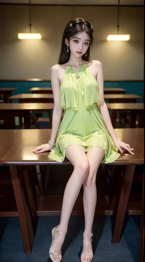 sweet girl clothes9,yellow dress, ((full body)), ((shot from a random perspective)), ((sitting position)), ((in the classroom, s...