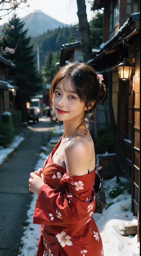 Real people,Real light and shadow,Backlight,Contour light,Shallow depth of field,night time,reddish brown hair,young japanese beauty,Viewing flowers on the snow,Smiling and looking at the camera, Wearing a low-cut, strapless Japanese kimono，The moonlight s...