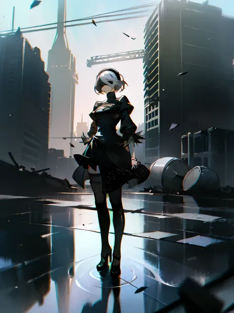 masterpiece, best quality, detailed face, extremely detailed, yorha no. 2 type b, 1girl, solo, absurdres, 8k, White hair, silver hair, black blindfold, black dress, black hairband, blindfold, eye highlights blue sky, boots, building, city, cloud, covered e...