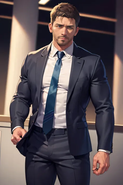 1 man, solo, 40 year old, chris redfield, wearing a suit, necktie, looking at the camera, trouser, (soft smirk), tall and hunk, ...