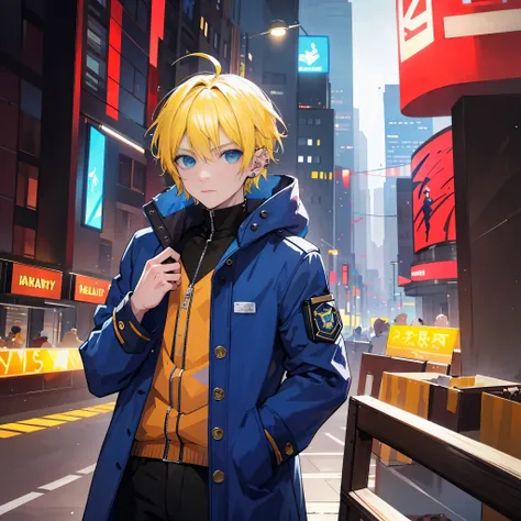 A man，Handsome，Yellow hair, Wavy Short hair, Deep Blue Eyes,  future city，cyberpunk, 
 Sateen，((ear-piercing)), Militarry coat large，Put your hands in your pockets,