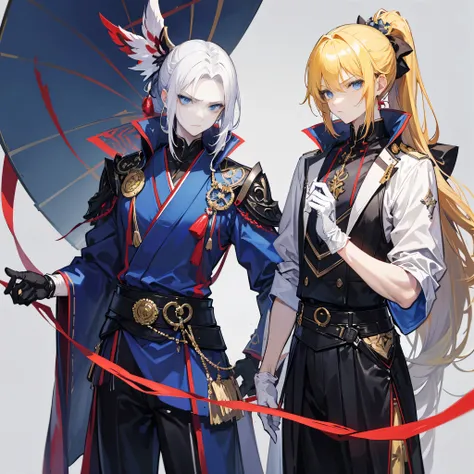 The Japanese villain is tall and strong, handsome, with pale skin, Yellow hair with tied up ponytail, Blue eyes, and white gloves, depicting a serious demeanor in the style of an anime style, showing intricate details.