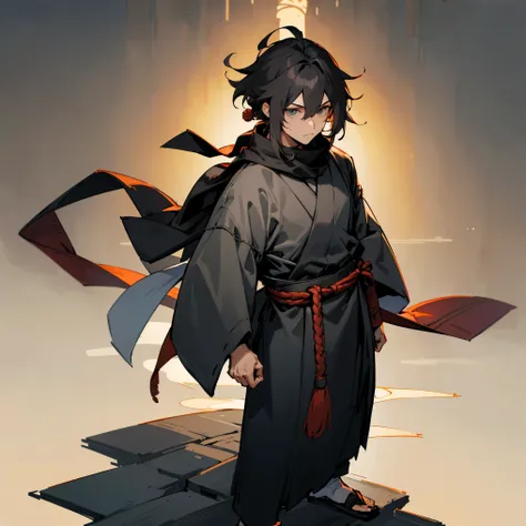 1male , Shaggy Hair , Hair Pulled into a Back knot , Medium Length Hair , Grey Scarf , Fitted Clothing , Ninja Clothing , Japanese Village Background , Standing on path , Adult Male 