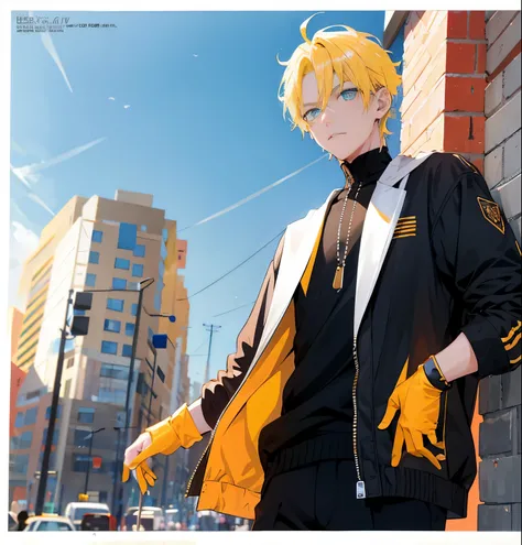 1   boy，cool guy，Yellow-haired，comma hair，Forehead comma hair，Street style，shiny，eBlue eyes，looking at viewert，The upper part of the body，MagazineCover