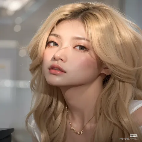 Blonde woman with long hair and a necklace looking at the camera., maquillaje popular de corea del sur, heonhwa choe, una chica con cabello rubio, sakimichan, parque roseanne de blackpink, peinado de corte hime blanco, female korean idol portrait, maquilla...