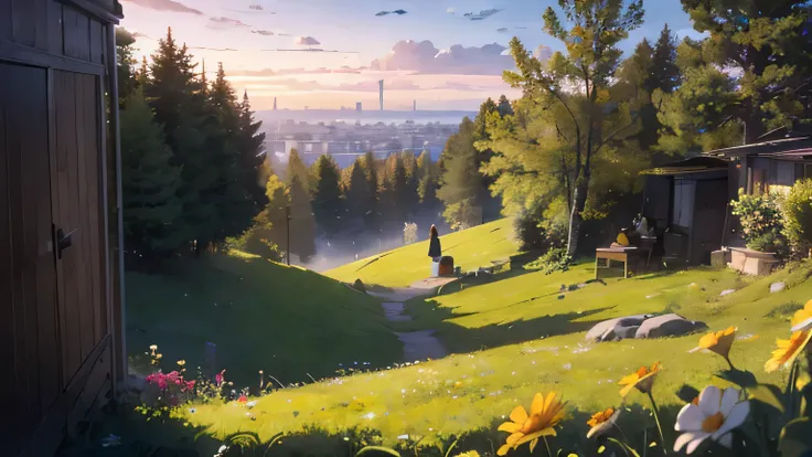 There is a piano on the hill where you can see the sunrise. a pianist is playing. he is too far away to see. Flowers are blooming. There are butterflies. There is a tree in the foreground, And the fallen leaves are gathering.