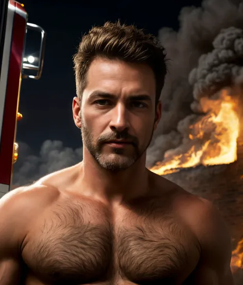 masterpiece, best quality, high resolution, closeup portrait, male focus, solo focus, A man, 50 years old, with firefighter uniform, firefighter suit, firefighter, silver grey hair, messy hairstyle, cute and seductive face, bare chest, body hair, facial ha...