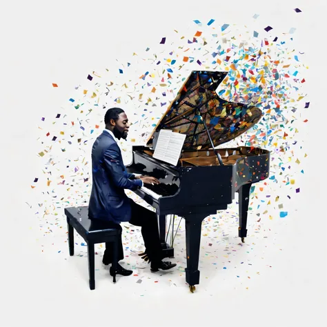 masterpiece、jazzピアニストはピアノを弾きます,great pianist, jazzピアノ、jazz、Darkman, He is a musician with a warm and powerful sound.., Increase profit margins、white background、Confetti in the air,  magic, wonderful, zentangle, origami