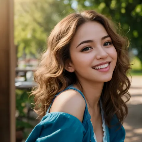 araffe woman with long hair and blue dress smiling at camera