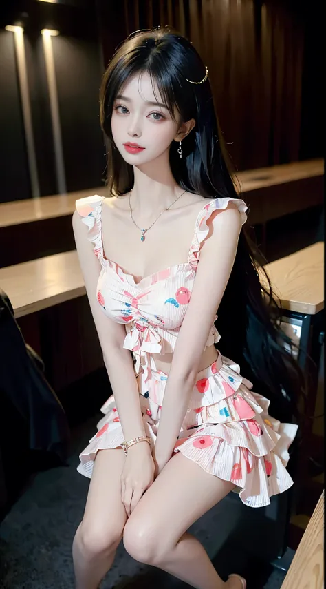 Sweet girl clothes6,print dress, ((full body)), ((Shot from a random perspective)), ((sitting position)), ((in the classroom, Sit at the lectern)), (yushuxin,1girl,solo), clear face, pretty face, 8k, masterpiece, original photo, best quality, detail:1.2,li...