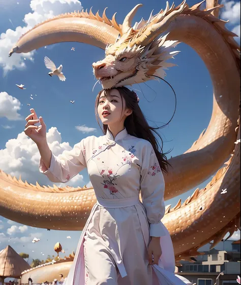 a teenage girl in vietnamese lid's longdress, a giant chinese dragon, art realistic, clouds, cheery blooshom flowers flying in t...