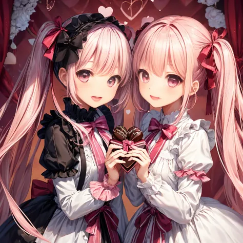 with a girl、no background、no background、Background through、twin tails、Two knots、pink hair、pink color、pink eyes、Valentine、candy、Choco、Valentine’s Day、ribbon、cute、