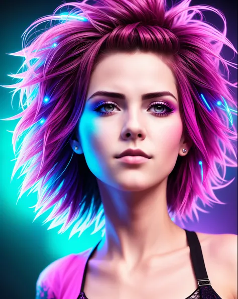 Punk Woman, in the sky, with sidecute hair, skin texture, Fractal art, neon lights, detail face, detail backgrounds little blur, natural lights, HDR, photo realistic, professional photo, flirt with the viewer, wind