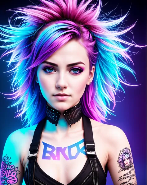 Punk Woman, in the sky, with sidecute hair, skin texture, Fractal art, neon lights, detail face, detail backgrounds little blur, natural lights, HDR, photo realistic, professional photo, flirt with the viewer, wind