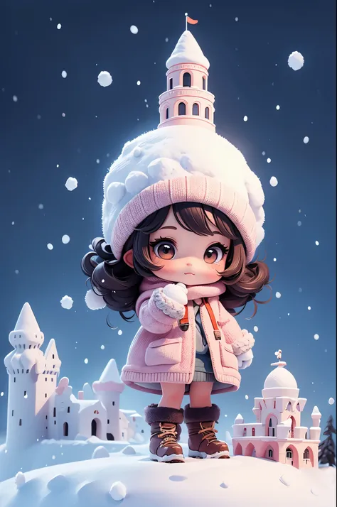 Chibi girl taking a commemorative photo with a large snow castle in the background at the snow festival venue、knit hat、Cute boots、woolen gloves、cute pose