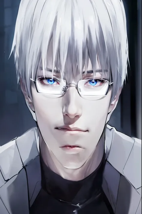 anime guy with white hair and glasses staring at the camera, ken kaneki, kaneki ken, jormungand anime, name of the character is chad, white haired, tall anime guy with blue eyes, as an anime character, handsome saitama, tokyo ghoul, white-haired, hijikata ...