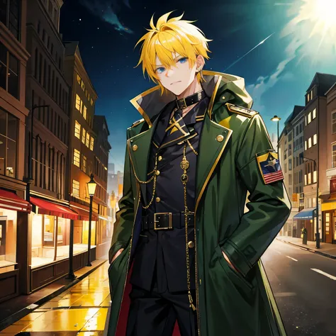 A man，Handsome，Yellow hair, Spiky,  nightcity，Sateen，ear-Ring, Bandana, Militarry coat large，Put your hands in your pockets,